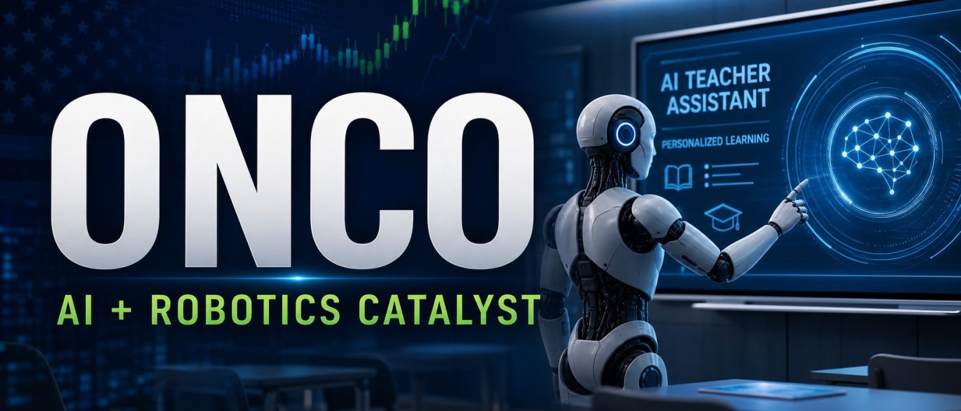 NASDAQ ONCO AI robotics catalyst with humanoid robot classroom visual